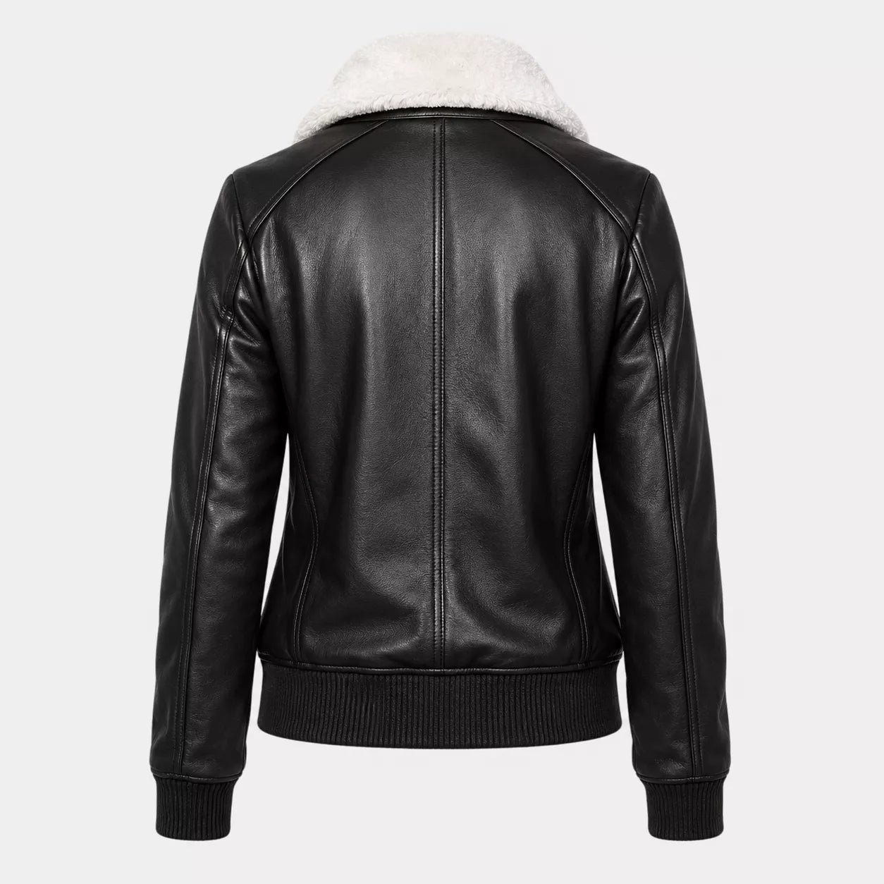 Women’s Black Shearling Collar Leather Bomber Jacket  Warm Zip-Up Jacket