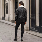 Women’s Black Shearling Collar Leather Bomber Jacket  Warm Zip-Up Jacket
