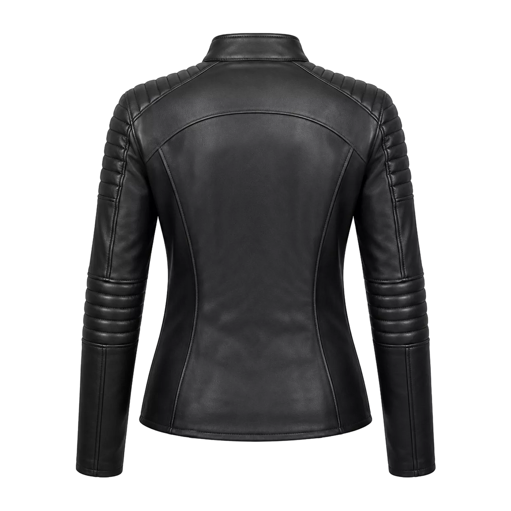 Women’s Black Skull Emblem Leather Biker Jacket | Zip-Up Moto Jacket