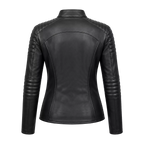 Women’s Black Skull Emblem Leather Biker Jacket | Zip-Up Moto Jacket