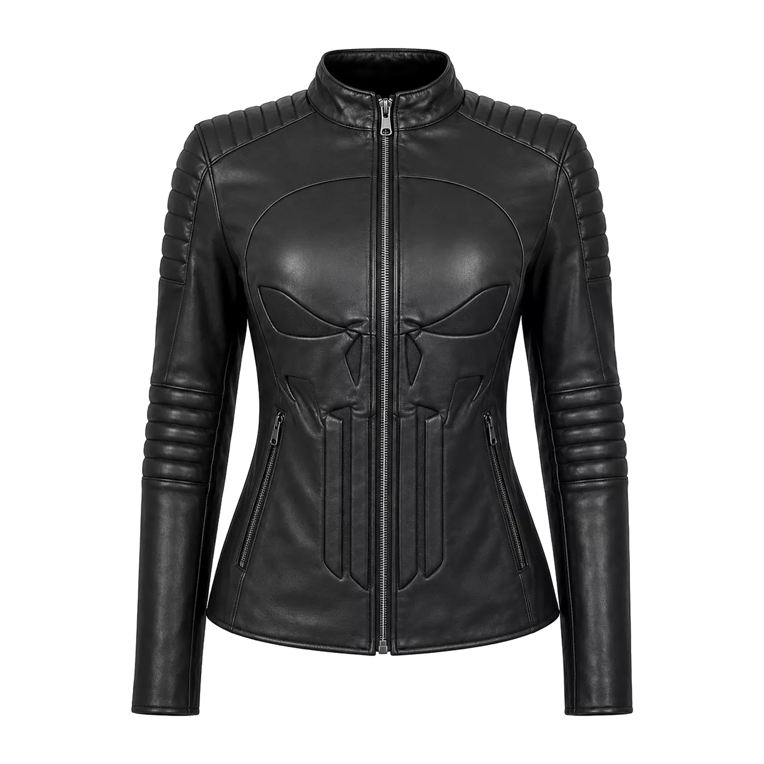 Women’s Black Skull Emblem Leather Biker Jacket | Zip-Up Moto Jacket