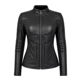 Women’s Black Skull Emblem Leather Biker Jacket | Zip-Up Moto Jacket