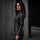Women’s Black Skull Emblem Leather Biker Jacket | Zip-Up Moto Jacket