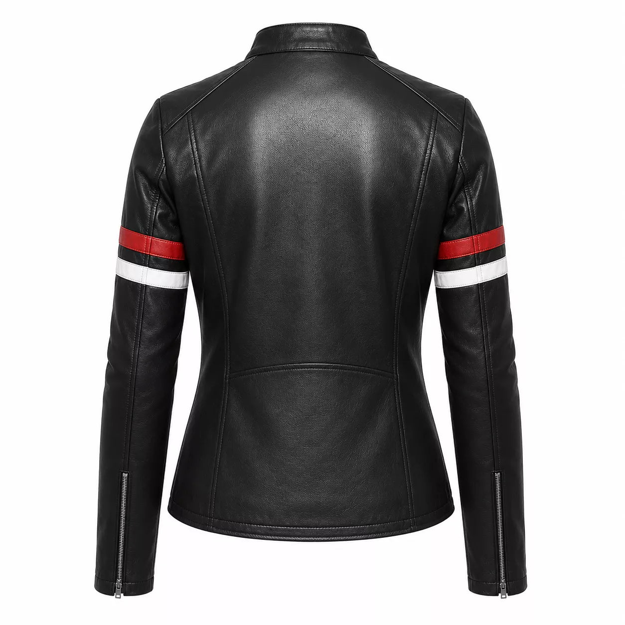 Women’s Black Stripe Sleeve Leather Jacket | Slim Fit Zip-Up Moto Jacket