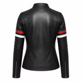 Women’s Black Stripe Sleeve Leather Jacket | Slim Fit Zip-Up Moto Jacket