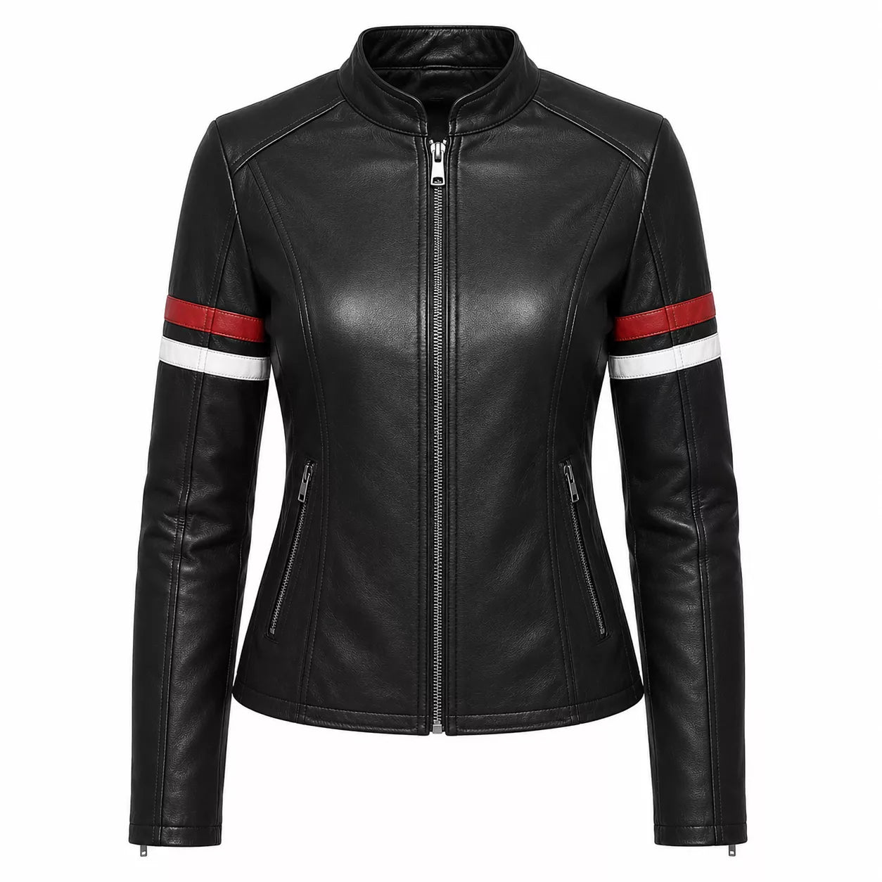 Women’s Black Stripe Sleeve Leather Jacket | Slim Fit Zip-Up Moto Jacket