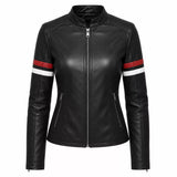 Women’s Black Stripe Sleeve Leather Jacket | Slim Fit Zip-Up Moto Jacket