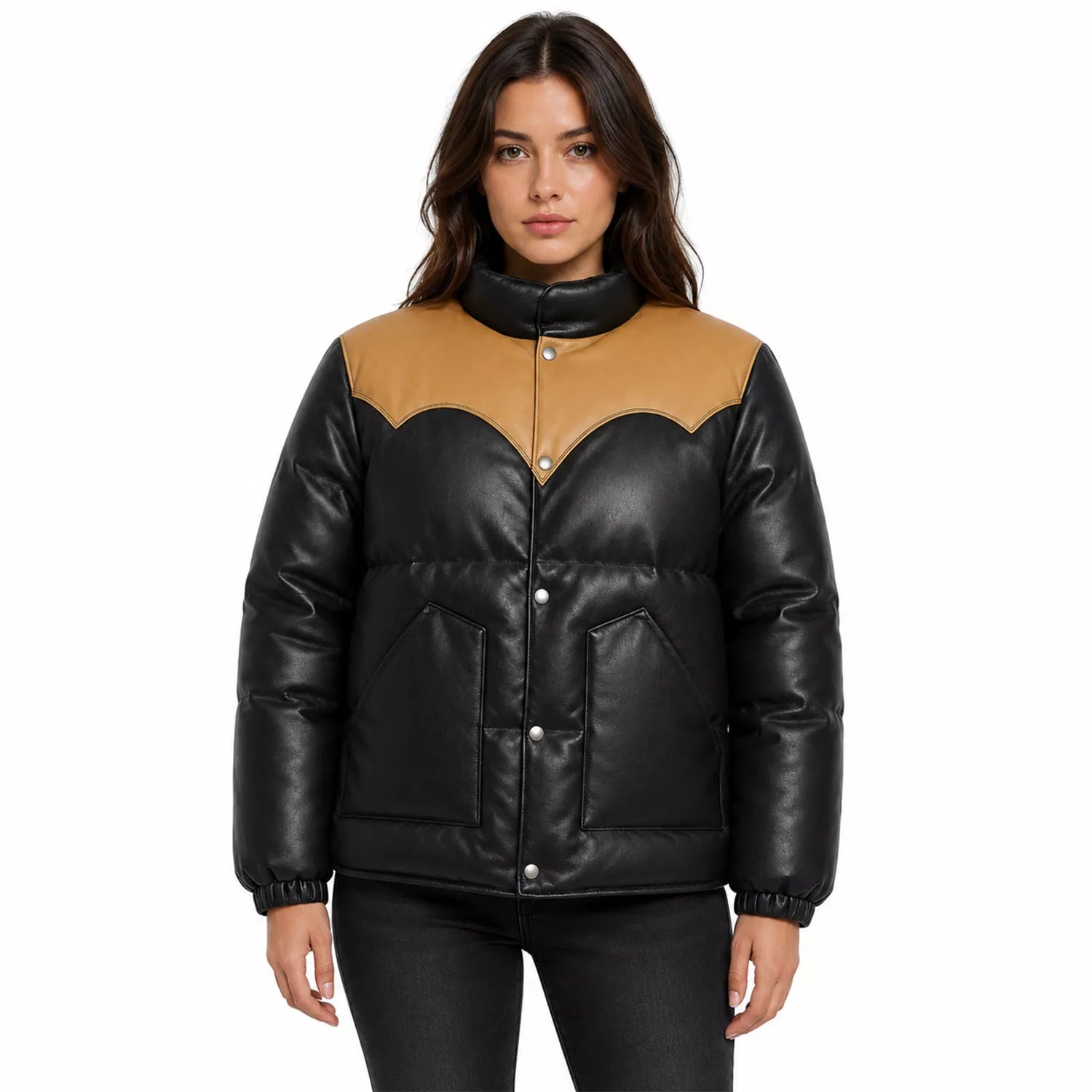 Women's Black Tan Leather Puffer Jacket | Snap Button Winter Jacket