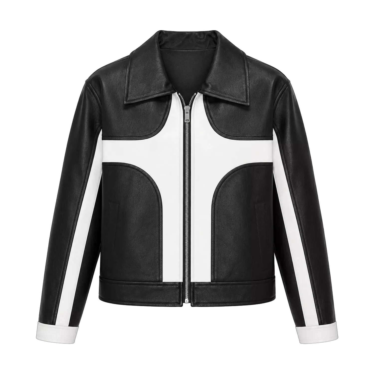 Women's Black White Leather Moto Jacket | Zip-Up Biker Style Jacket