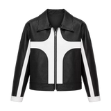 Women's Black White Leather Moto Jacket | Zip-Up Biker Style Jacket