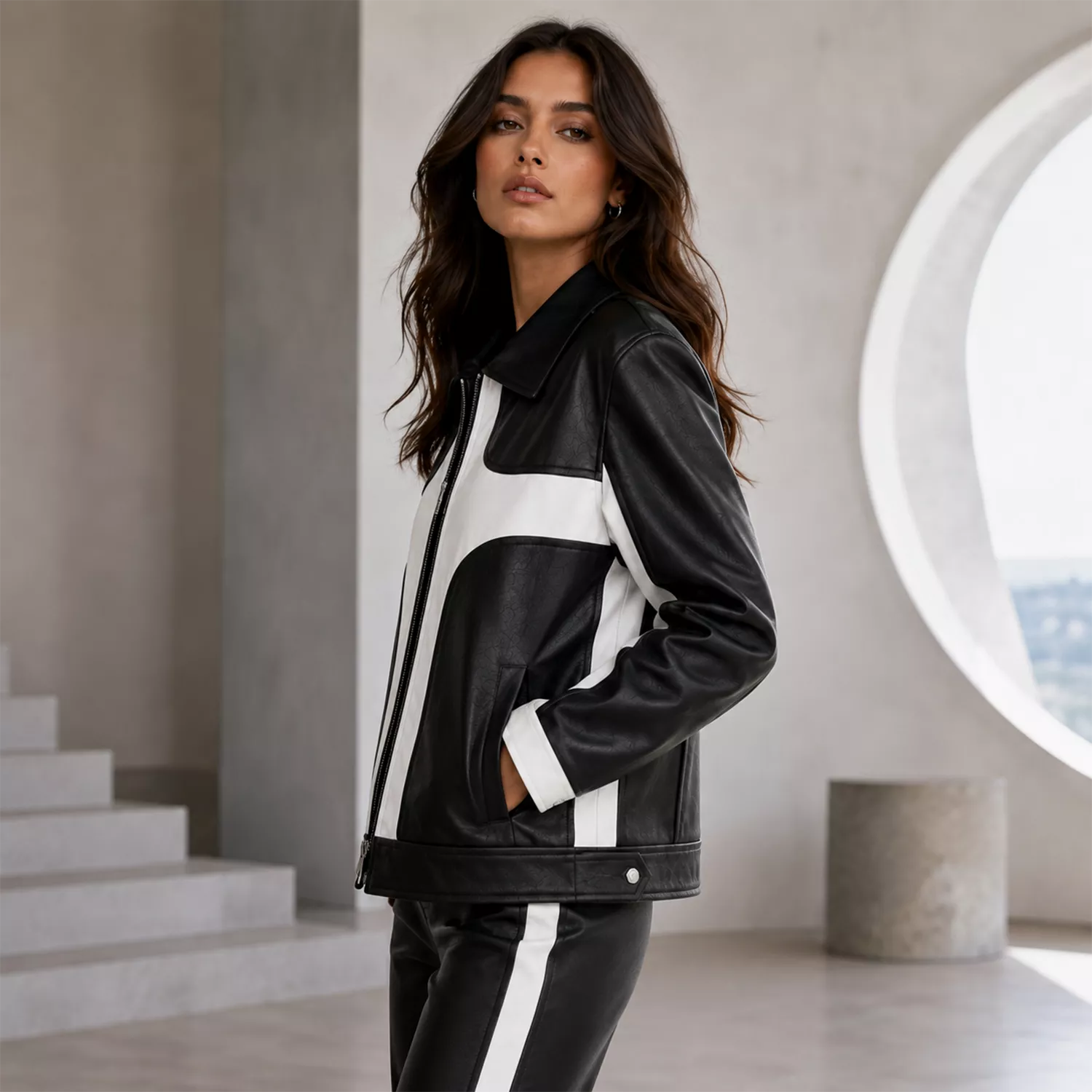 Women's Black White Leather Moto Jacket | Zip-Up Biker Style Jacket