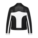 Women's Black White Leather Moto Jacket | Zip-Up Biker Style Jacket