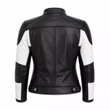 Women’s Black White Quilted Leather Biker Jacket | Moto Style Zip Jacket