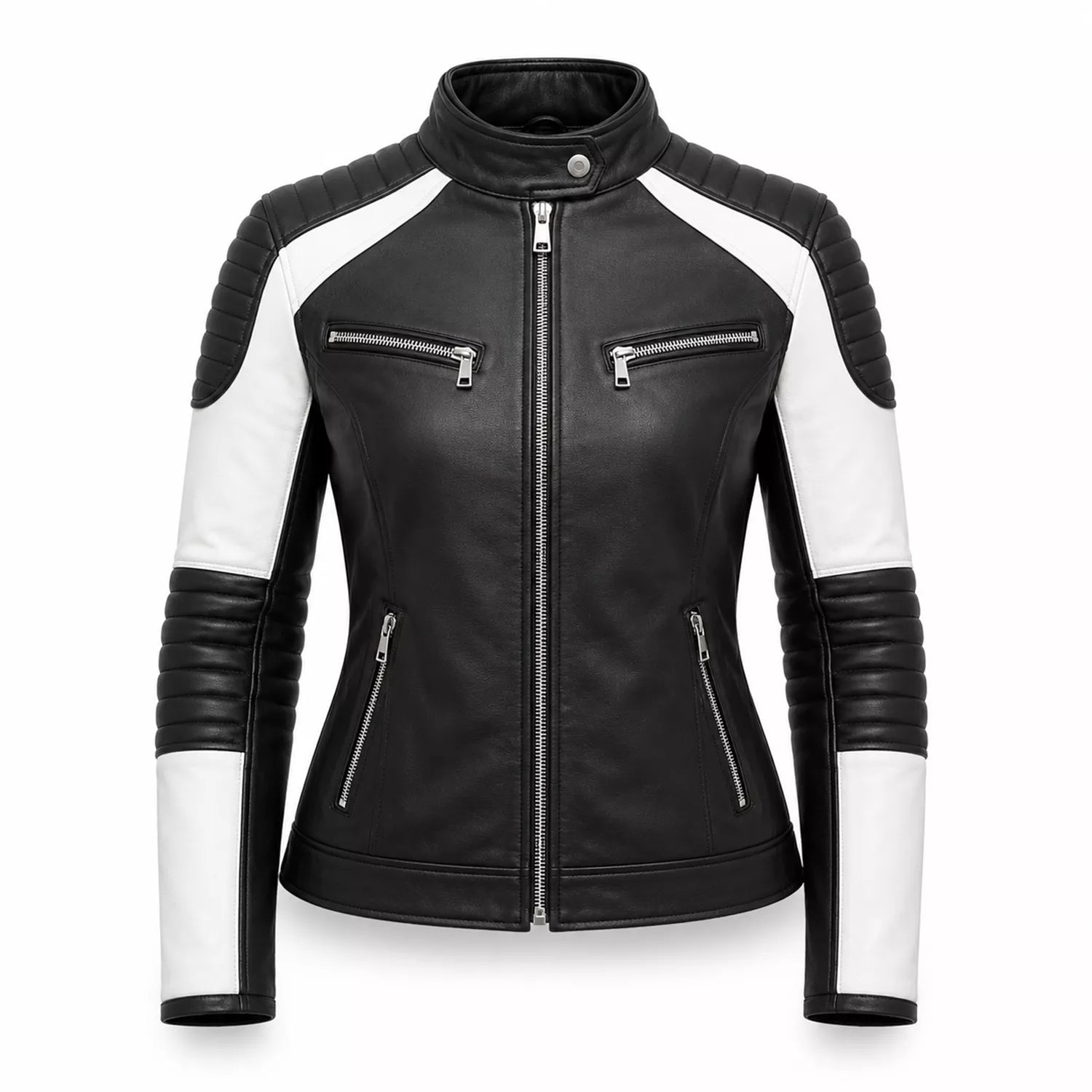 Women’s Black White Quilted Leather Biker Jacket | Moto Style Zip Jacket