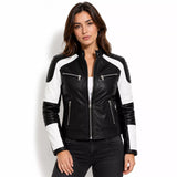 Women’s Black White Quilted Leather Biker Jacket | Moto Style Zip Jacket