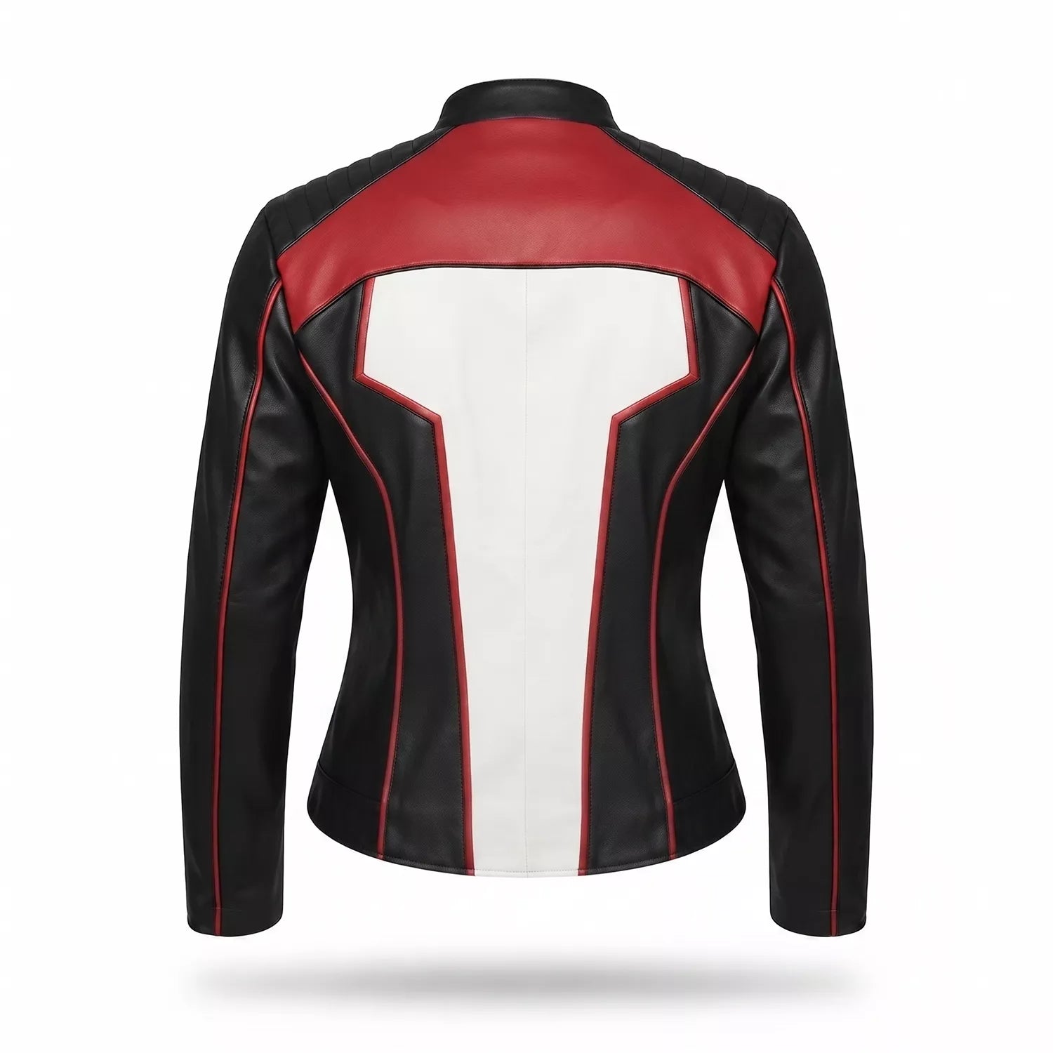 Women's Black White Red Leather Moto Jacket | Cropped Racing Style Jacket