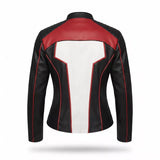 Women's Black White Red Leather Moto Jacket | Cropped Racing Style Jacket
