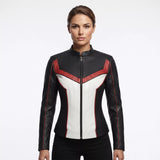 Women's Black White Red Leather Moto Jacket | Cropped Racing Style Jacket