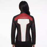 Women's Black White Red Leather Moto Jacket | Cropped Racing Style Jacket