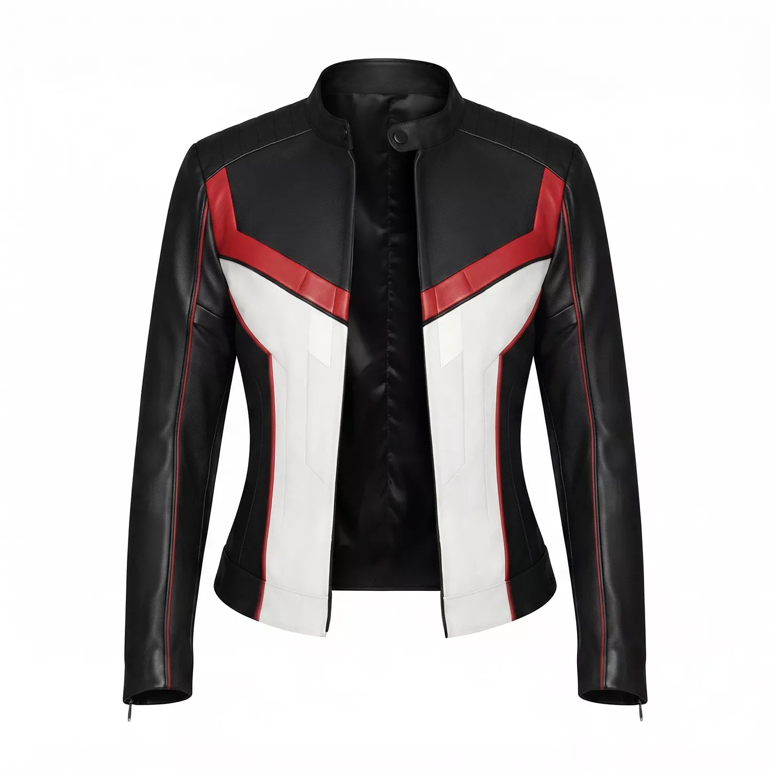 Women's Black White Red Leather Moto Jacket | Cropped Racing Style Jacket