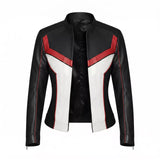 Women's Black White Red Leather Moto Jacket | Cropped Racing Style Jacket