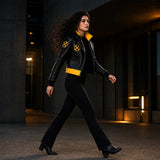 Women's Black Yellow Leather Jacket | Comic Inspired Cosplay Jacket