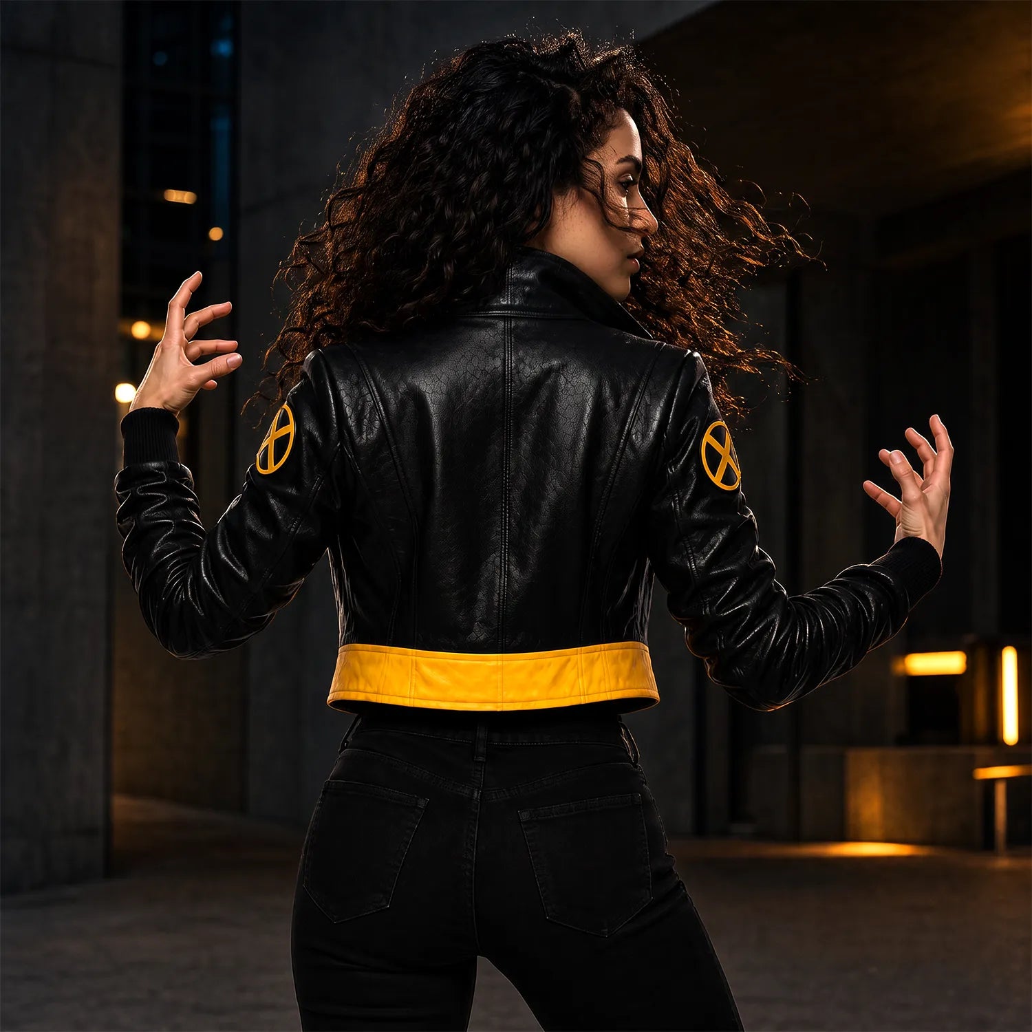 Women's Black Yellow Leather Jacket | Comic Inspired Cosplay Jacket