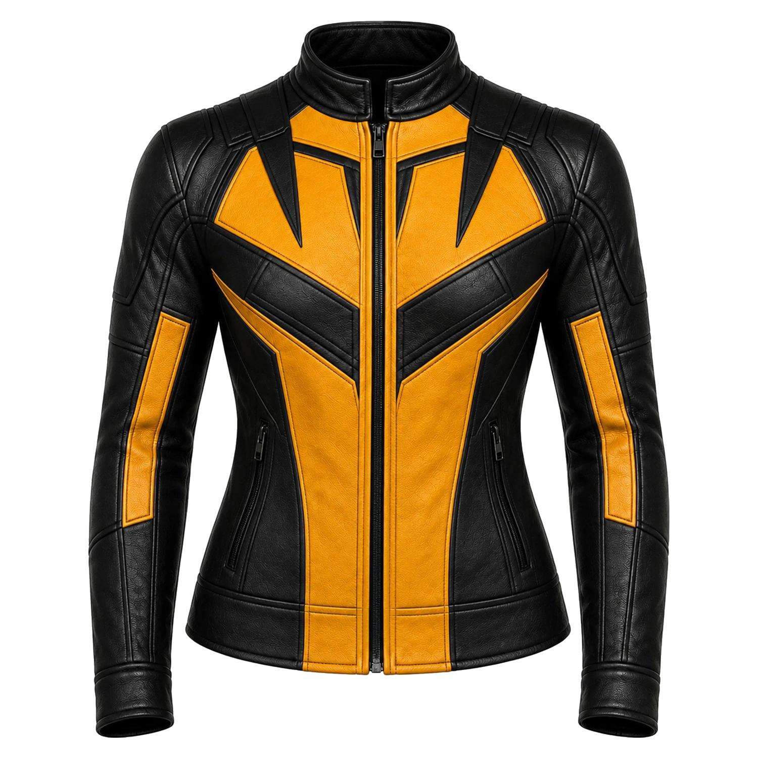 Women's Black Yellow Leather Moto Jacket  Stylish Zip-Up Biker Jacket