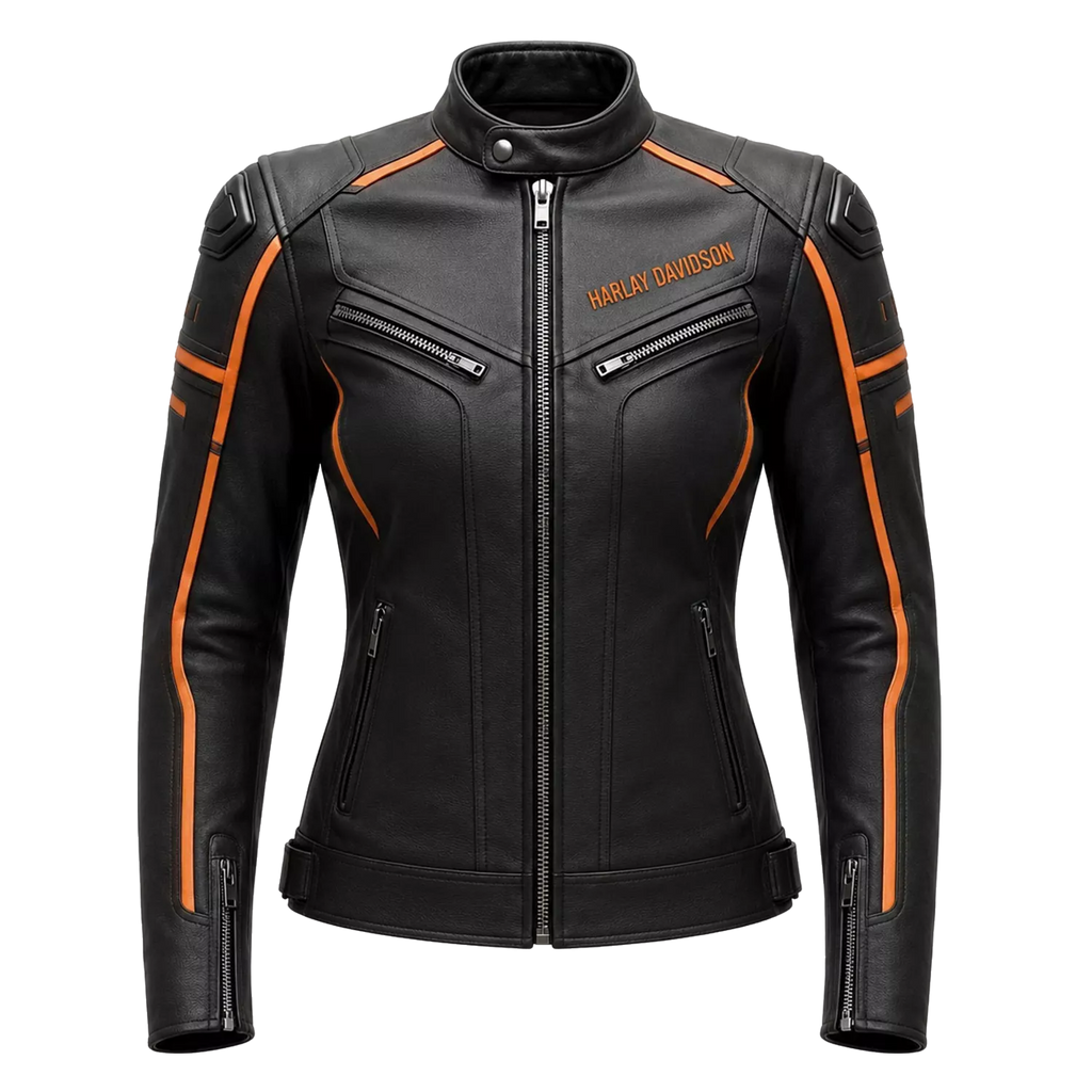 Women's Black & Orange Racing Leather Biker Jacket | Moto Style Zip Jacket