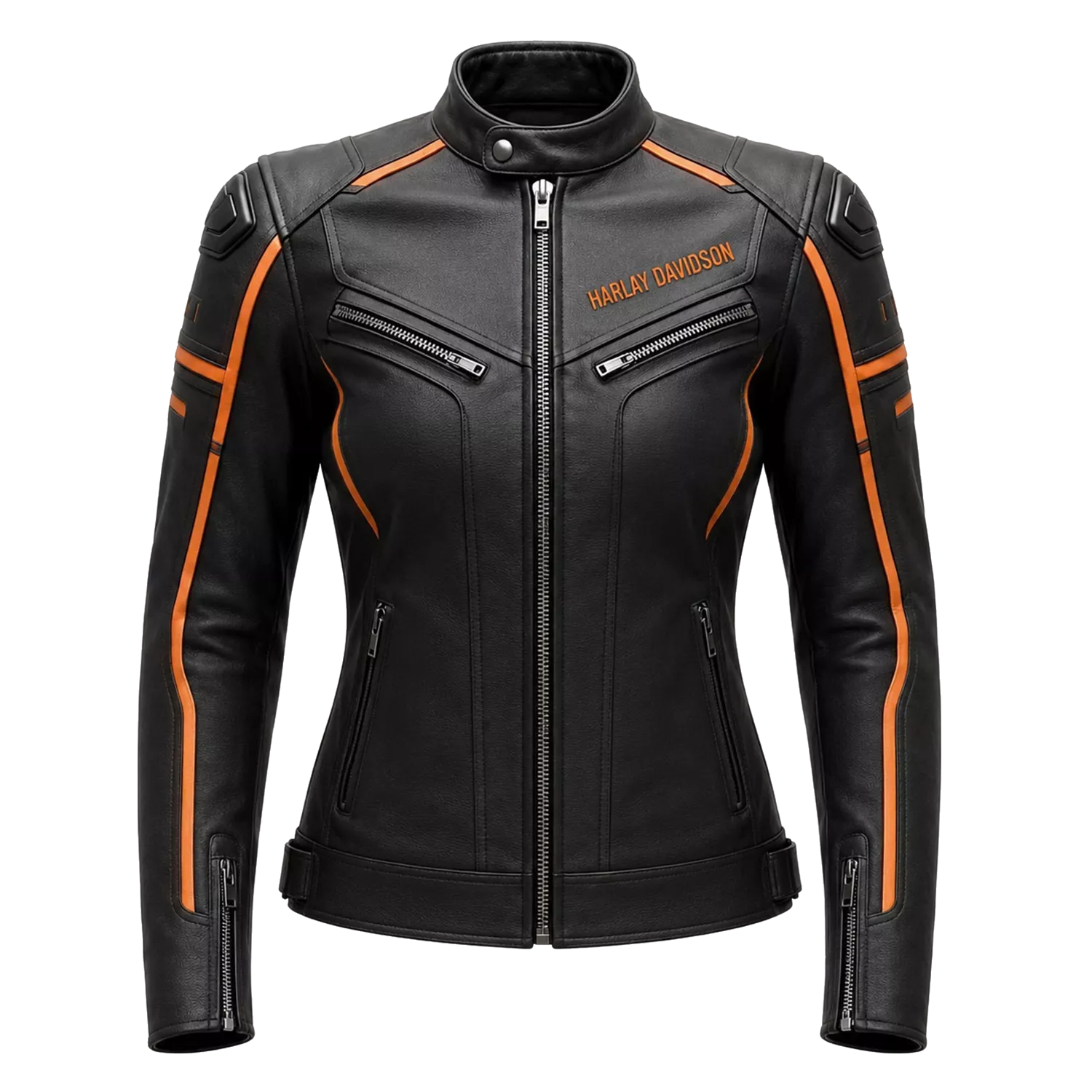 Women's Black & Orange Racing Leather Biker Jacket | Moto Style Zip Jacket