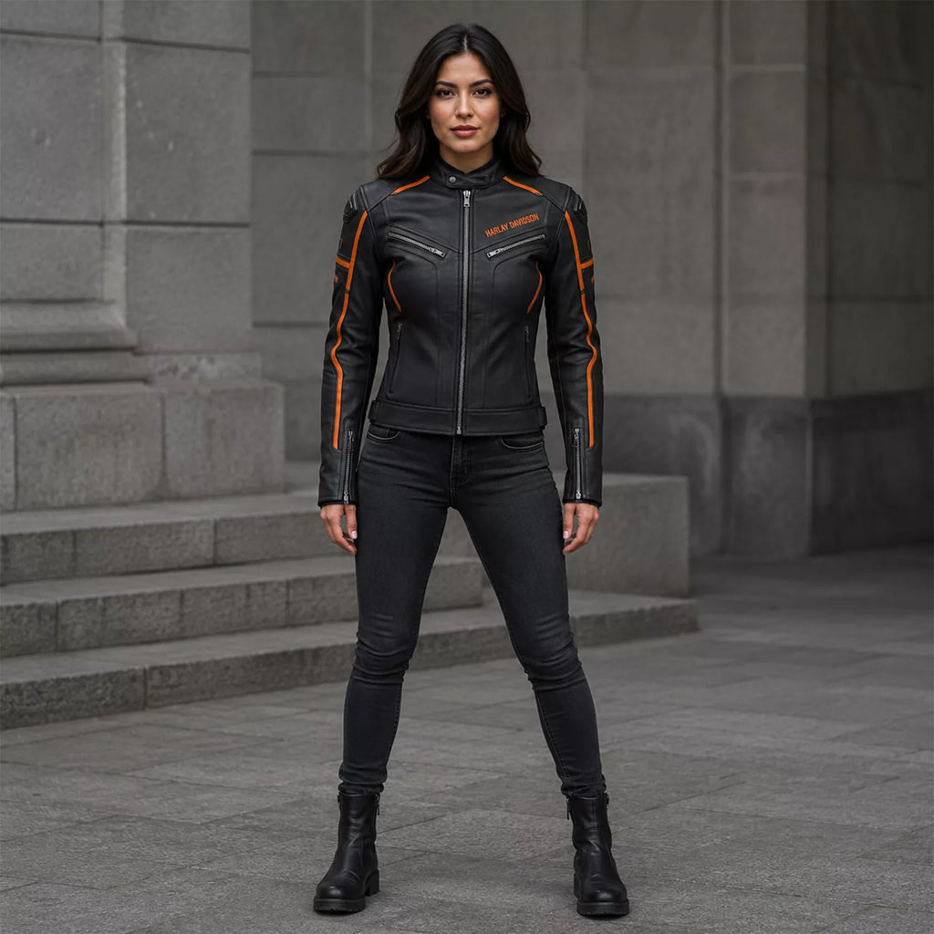 Women's Black & Orange Racing Leather Biker Jacket | Moto Style Zip Jacket