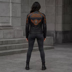 Women's Black & Orange Racing Leather Biker Jacket | Moto Style Zip Jacket