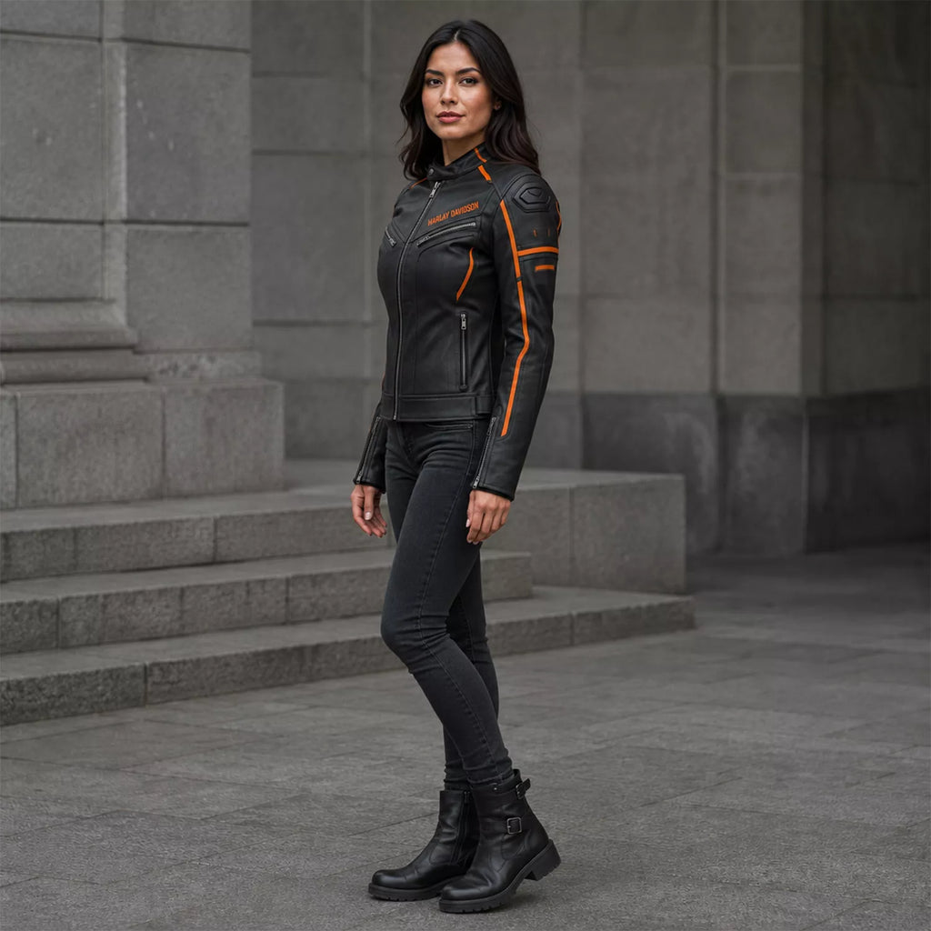 Women's Black & Orange Racing Leather Biker Jacket | Moto Style Zip Jacket