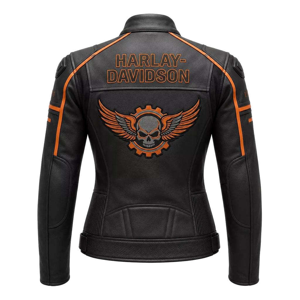 Women's Black & Orange Racing Leather Biker Jacket | Moto Style Zip Jacket