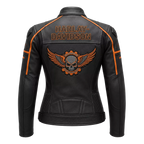 Women's Black & Orange Racing Leather Biker Jacket | Moto Style Zip Jacket
