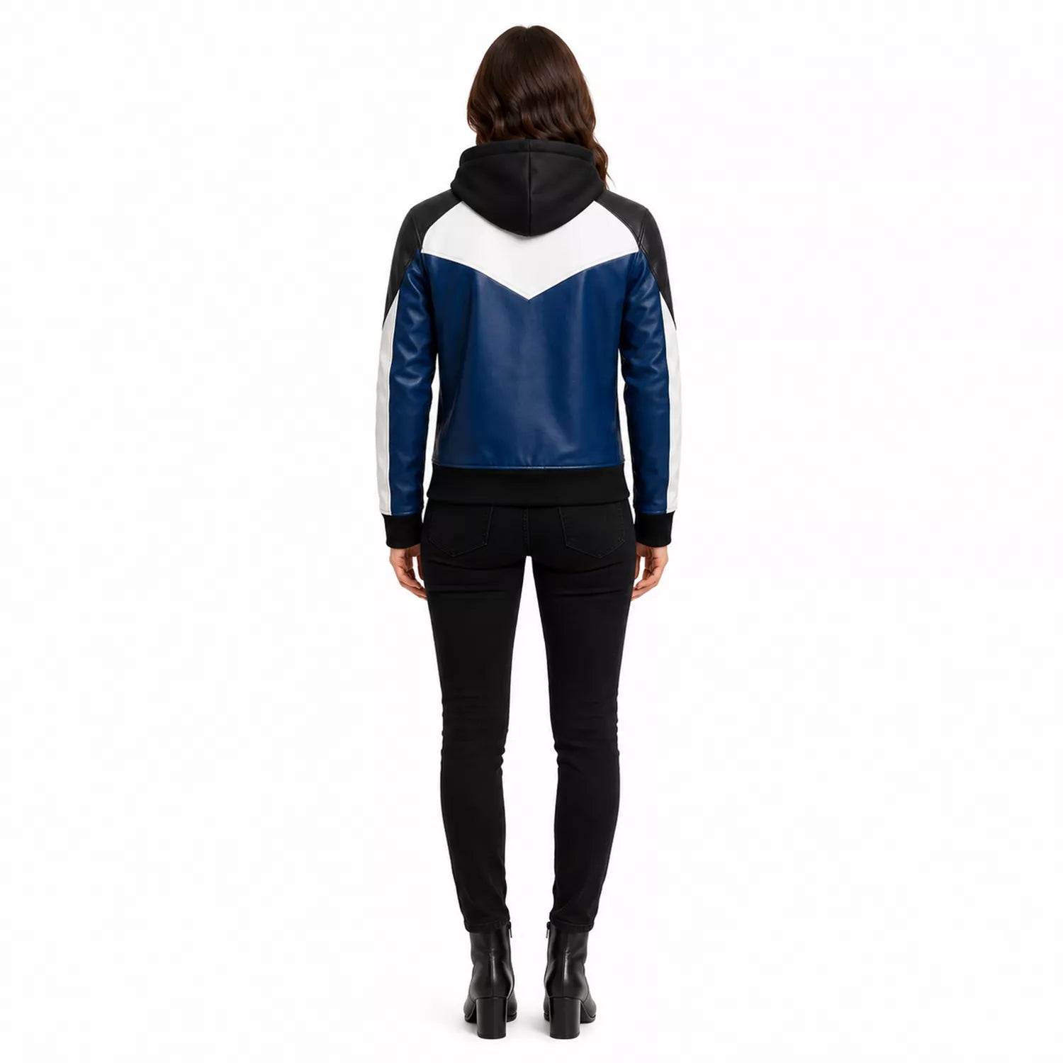 Women’s Blue Black White Hooded Leather Bomber Jacket | Color Block