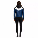 Women’s Blue Black White Hooded Leather Bomber Jacket | Color Block