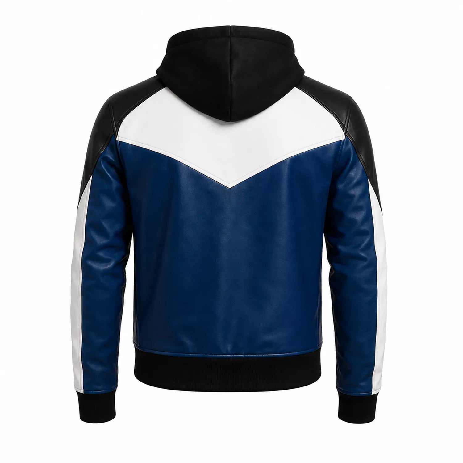 Women’s Blue Black White Hooded Leather Bomber Jacket | Color Block