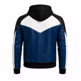 Women’s Blue Black White Hooded Leather Bomber Jacket | Color Block