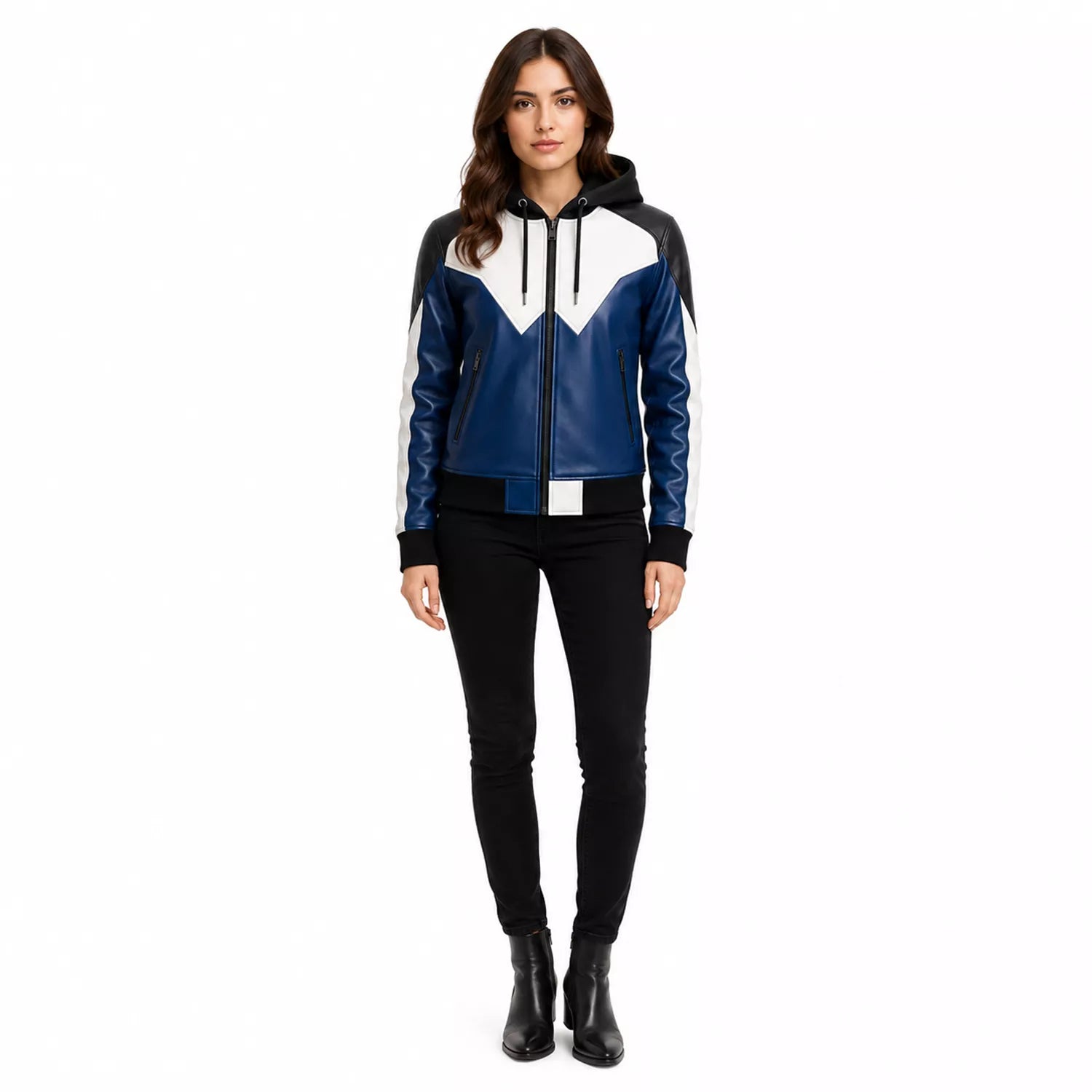 Women’s Blue Black White Hooded Leather Bomber Jacket | Color Block