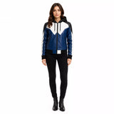 Women’s Blue Black White Hooded Leather Bomber Jacket | Color Block