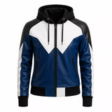Women’s Blue Black White Hooded Leather Bomber Jacket | Color Block
