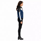 Women’s Blue Black White Hooded Leather Bomber Jacket | Color Block