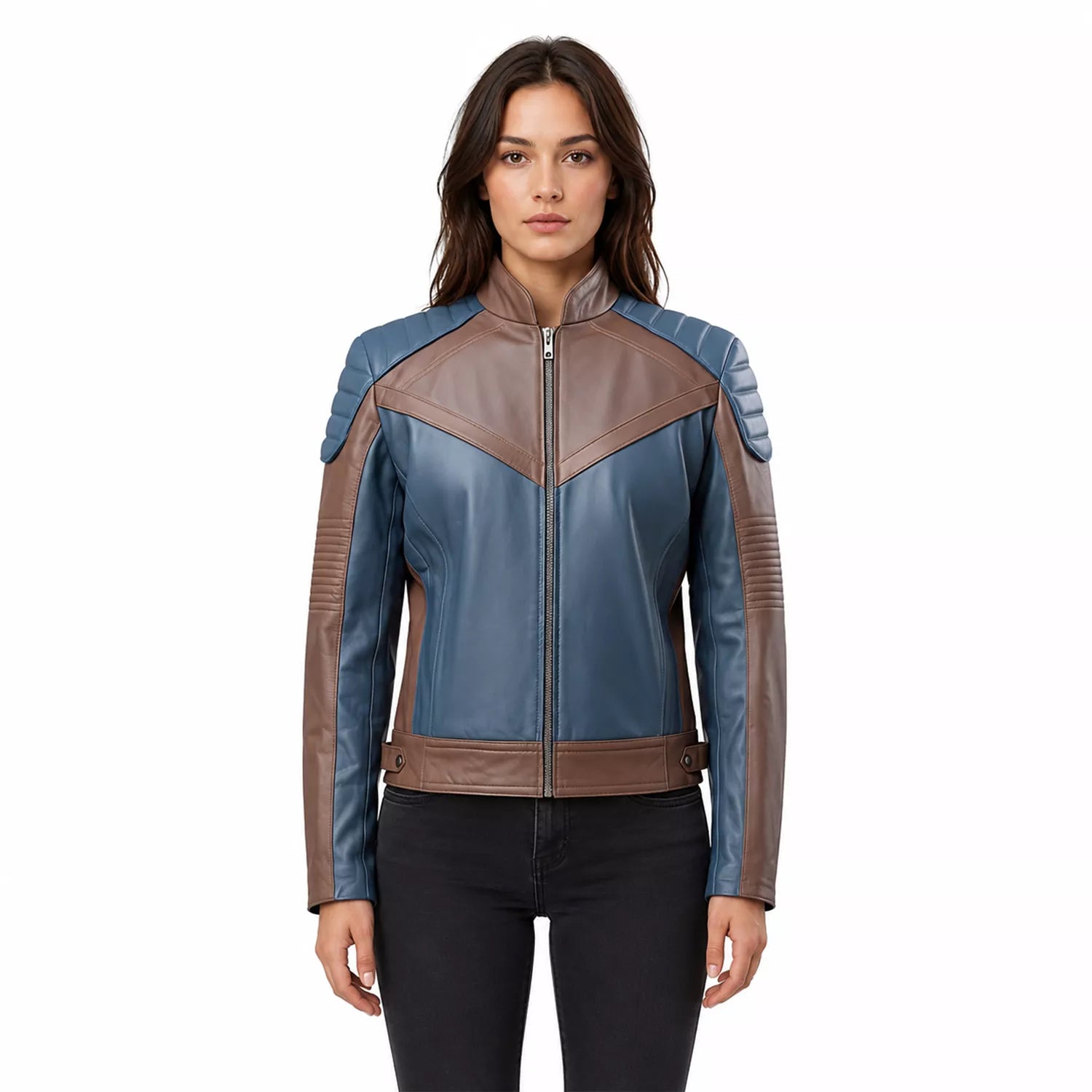 Women’s Blue and Taupe Leather Biker Jacket | Modern Moto Zip Jacket