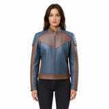 Women’s Blue and Taupe Leather Biker Jacket | Modern Moto Zip Jacket