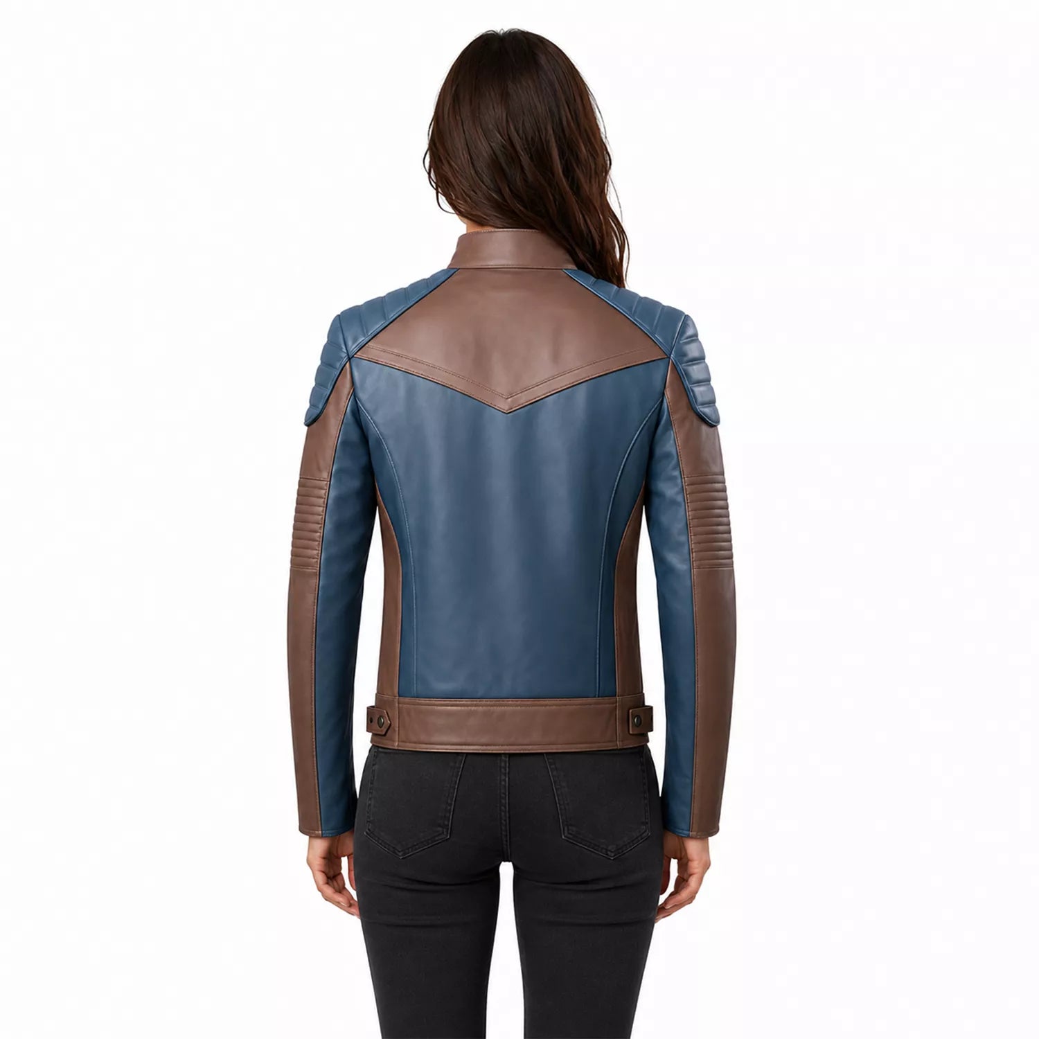 Women’s Blue and Taupe Leather Biker Jacket | Modern Moto Zip Jacket