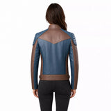 Women’s Blue and Taupe Leather Biker Jacket | Modern Moto Zip Jacket