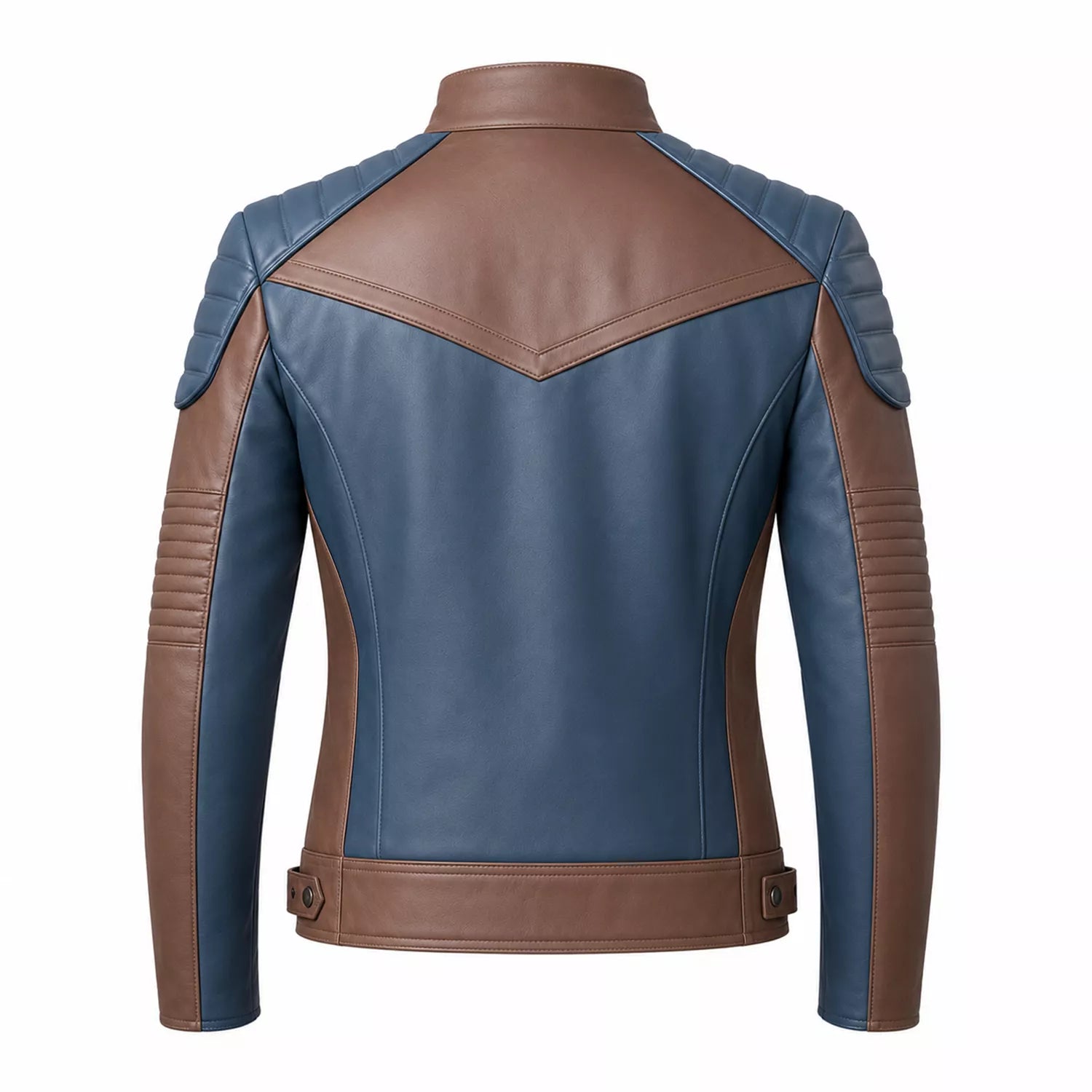 Women’s Blue and Taupe Leather Biker Jacket | Modern Moto Zip Jacket