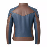 Women’s Blue and Taupe Leather Biker Jacket | Modern Moto Zip Jacket