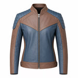 Women’s Blue and Taupe Leather Biker Jacket | Modern Moto Zip Jacket